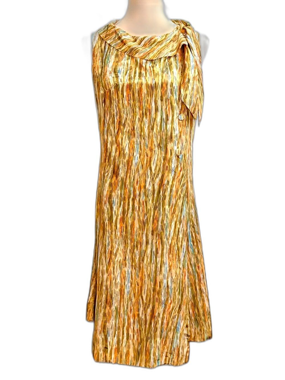 VTG 1950s Marbled Wrap Midi Dress Mid Century Abstract Satin Rockabilly M L